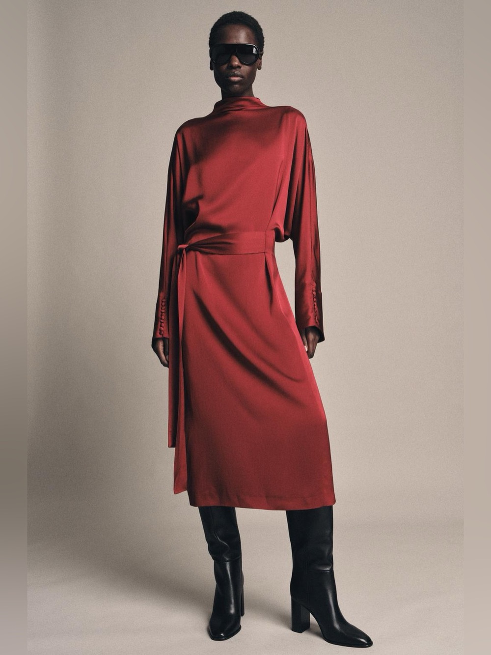 ZARA Satin Long Sleeve Dress with Side Ties